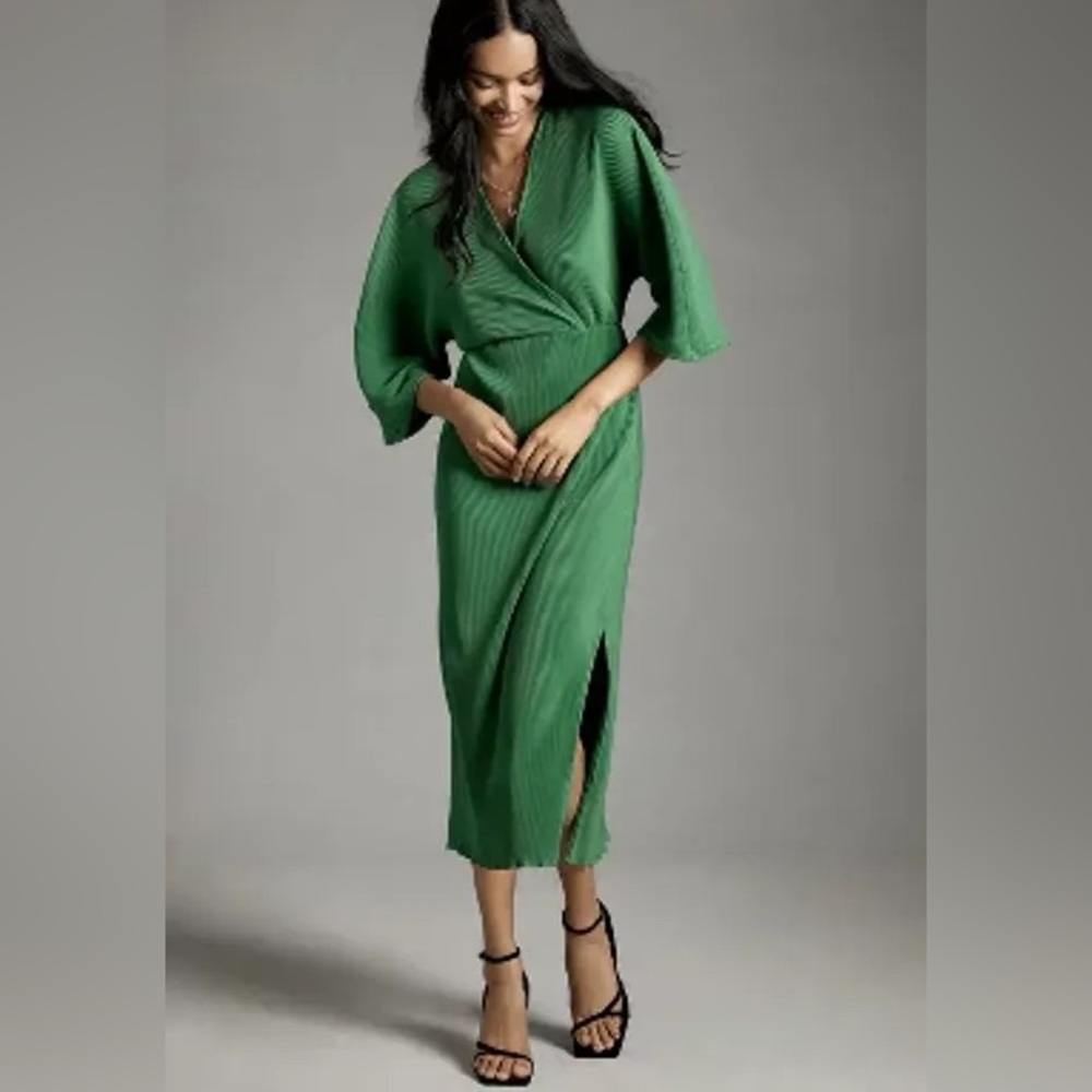ANTHROPOLOGIE PLISSE V-NECK WRAP MIDI DRESS